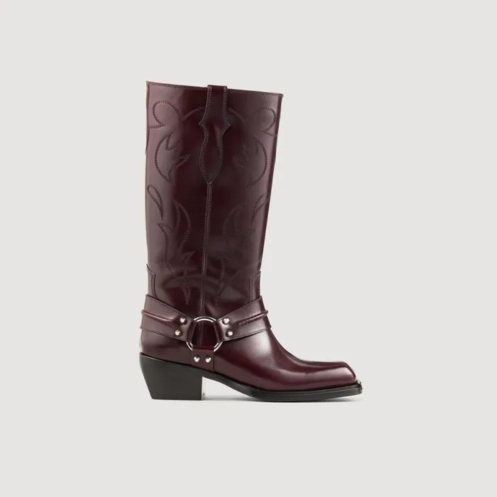 Boots Women SANDRO Western Boots With Square Toe Burgundy