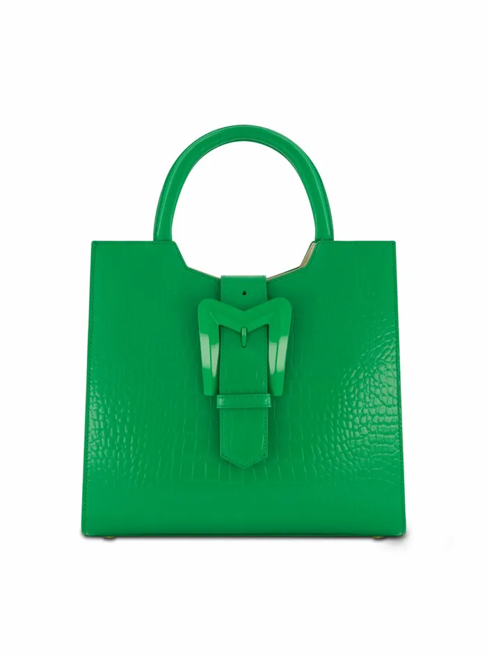 Buckled Medium Croco Green Leather Tote Bag with Detachable Strap Spring Green Women Totes Mac Duggal