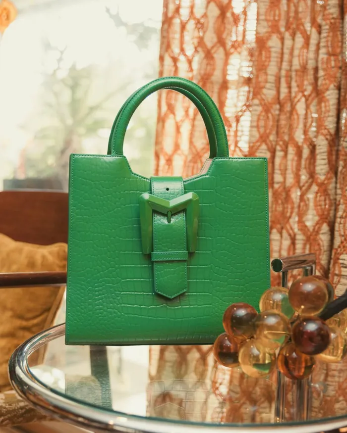 Buckled Medium Croco Green Leather Tote Bag with Detachable Strap Spring Green Women Totes Mac Duggal