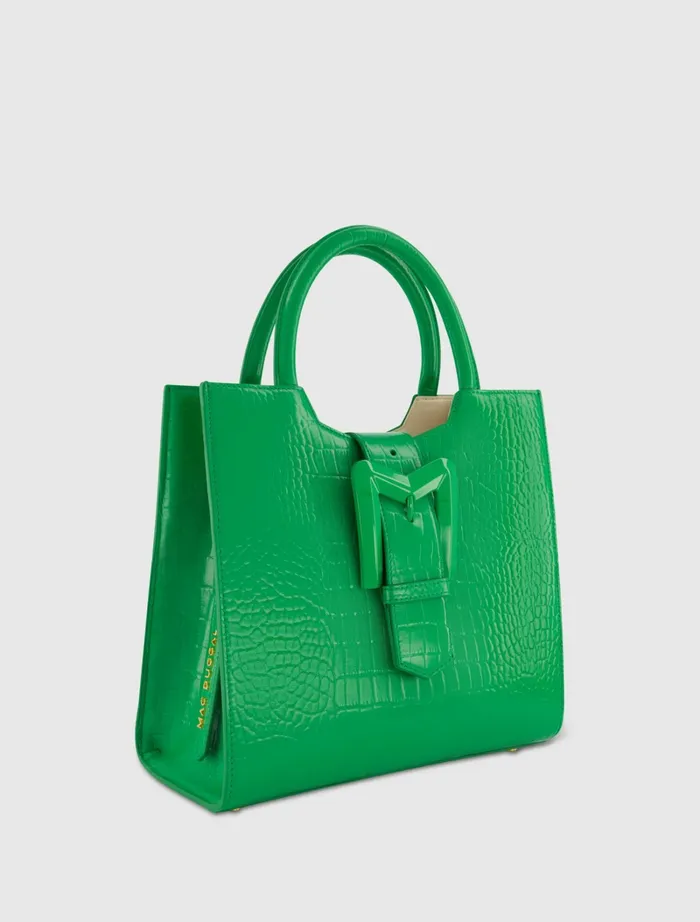 Buckled Medium Croco Green Leather Tote Bag with Detachable Strap Spring Green Women Totes Mac Duggal
