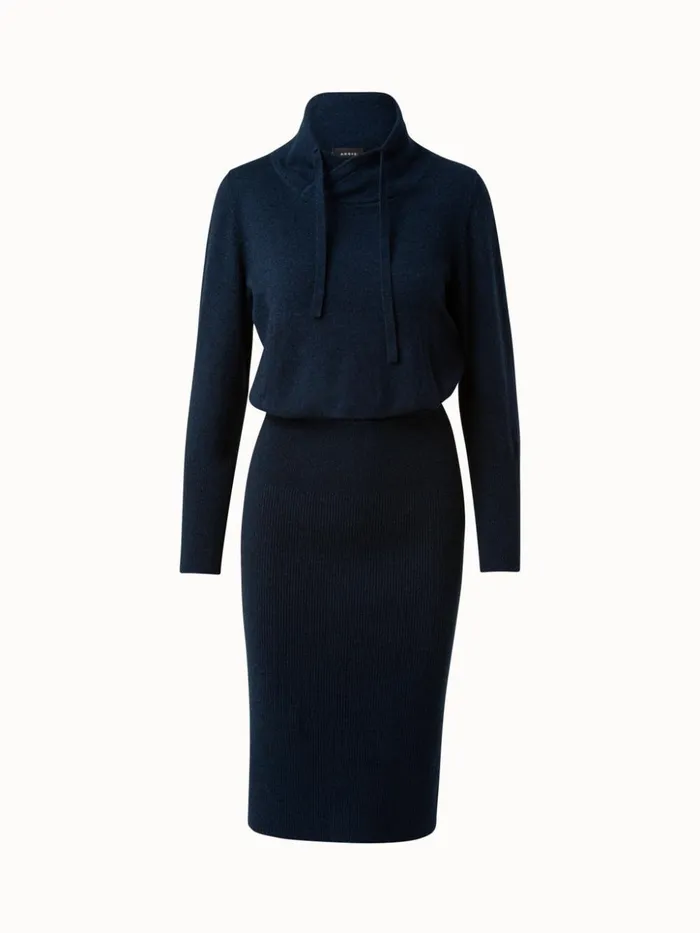 Cashmere Cowl Neck Knit Dress Deep Blue Women Akris Knitwear