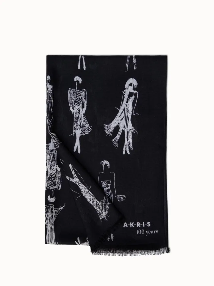 Cashmere Silk Scarf With Croquis Print Blackwhite Women Akris Cashmere