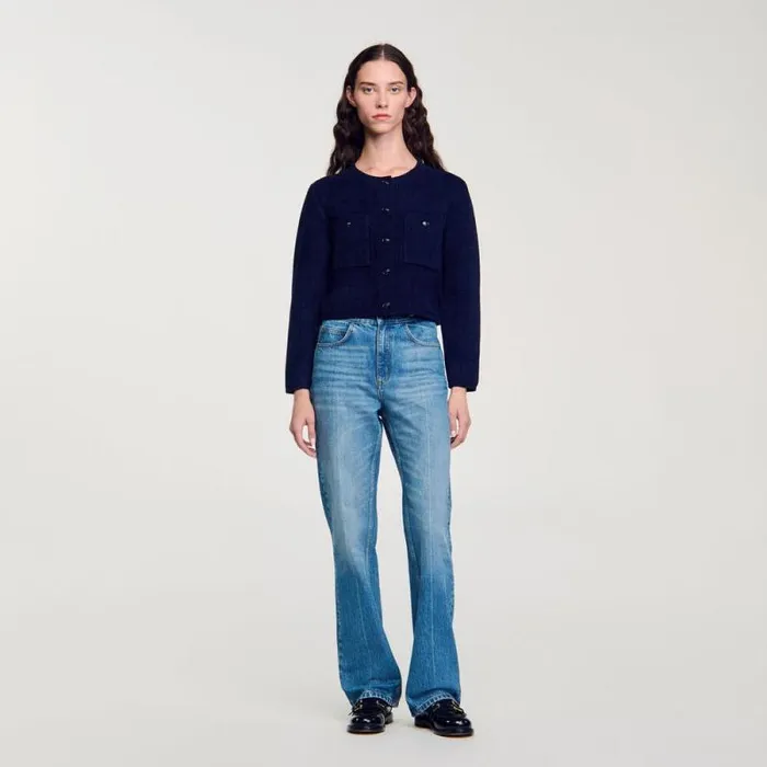 Coatigans Women SANDRO Short Knit Jacket Navy Blue