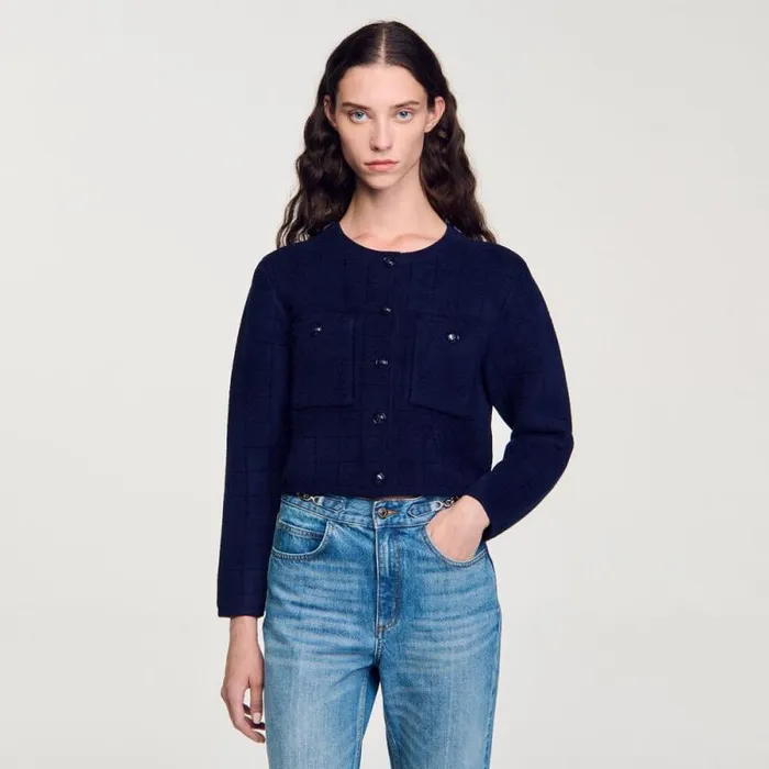 Coatigans Women SANDRO Short Knit Jacket Navy Blue