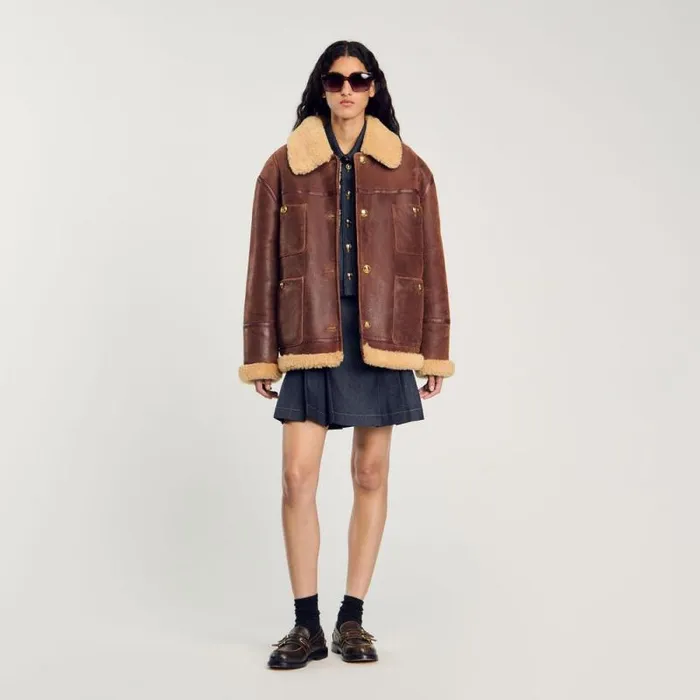Coats and Trenches Women SANDRO Shearling Jacket Brown