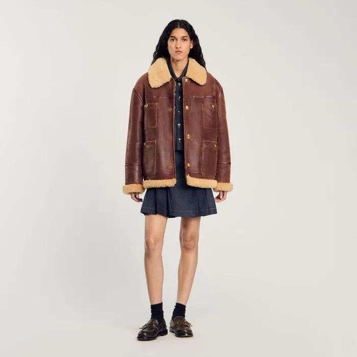 Coats and Trenches Women SANDRO Shearling Jacket Brown