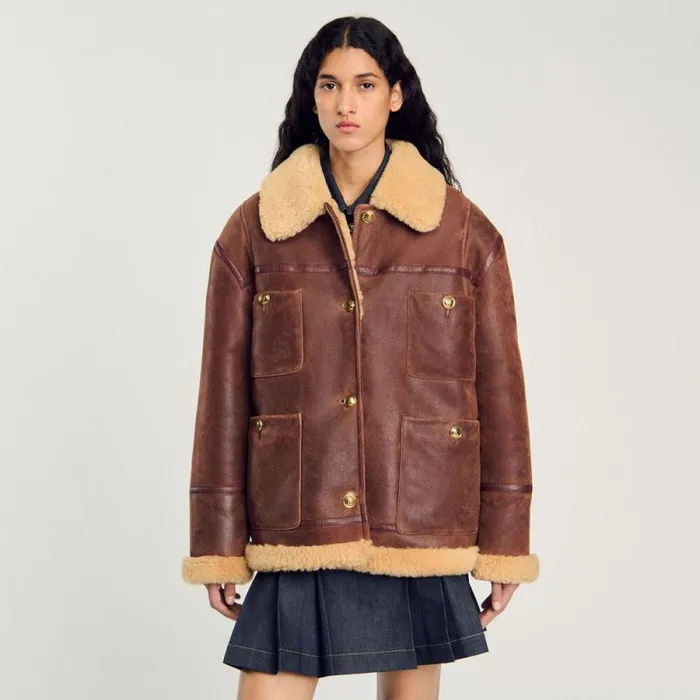 Coats and Trenches Women SANDRO Shearling Jacket Brown