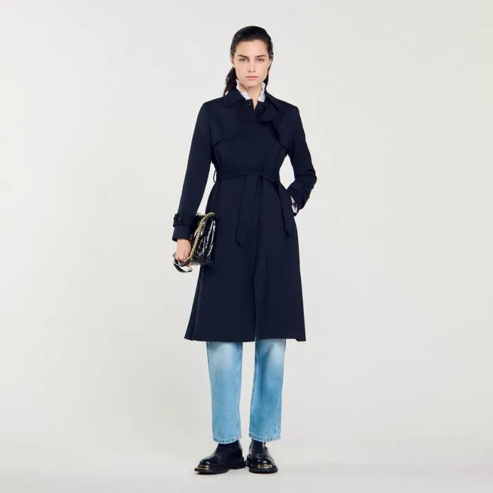 Coats and Trenches Women SANDRO Trench Coat With Pleated Inset Navy Blue
