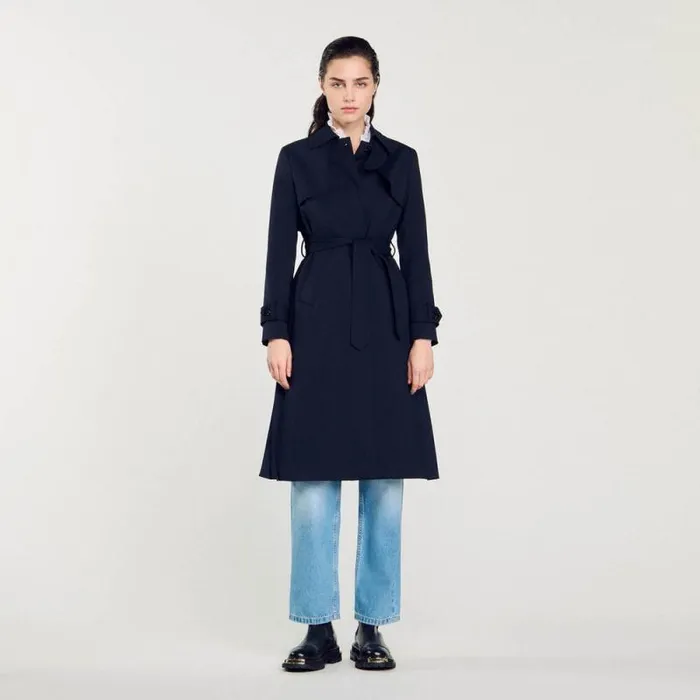 Coats and Trenches Women SANDRO Trench Coat With Pleated Inset Navy Blue