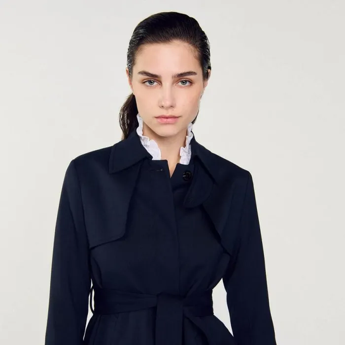 Coats and Trenches Women SANDRO Trench Coat With Pleated Inset Navy Blue