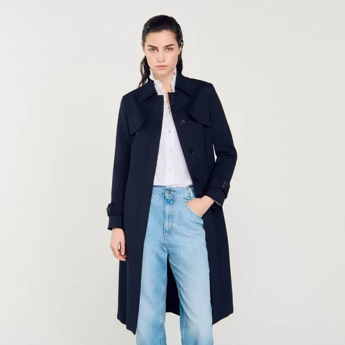 Coats and Trenches Women SANDRO Trench Coat With Pleated Inset Navy Blue
