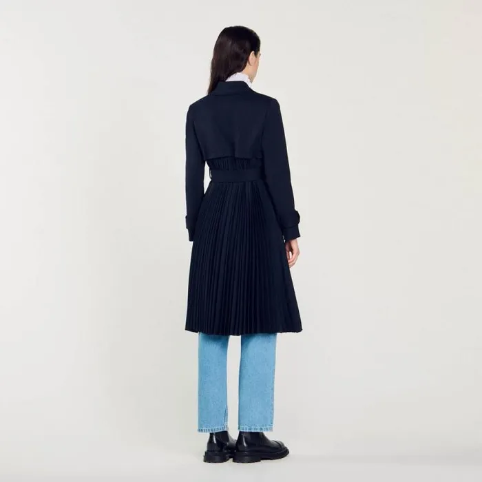 Coats and Trenches Women SANDRO Trench Coat With Pleated Inset Navy Blue