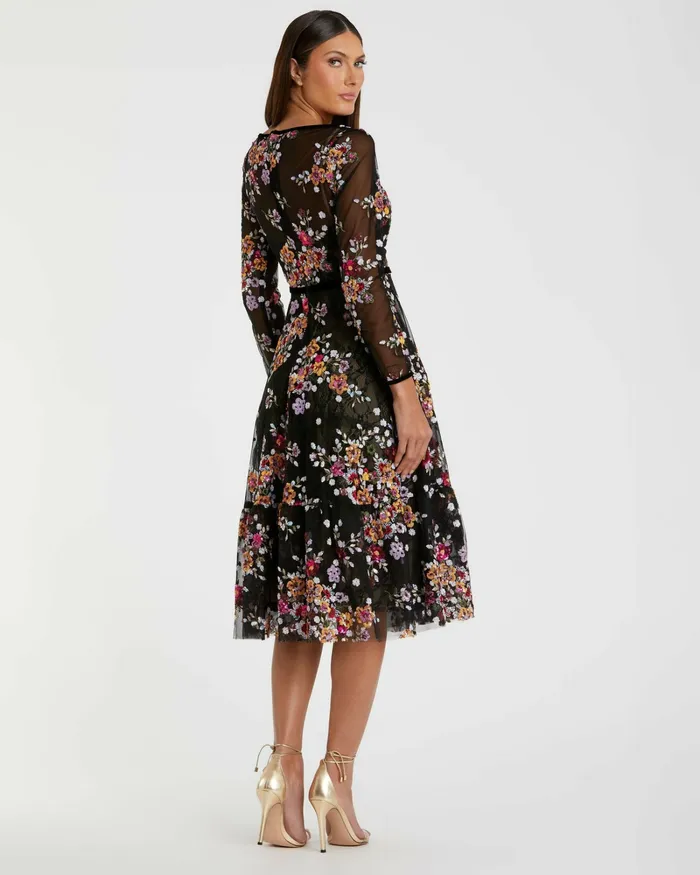 Cocktail Dresses Black Floral Embroidered Tea Length Dress Black Multi 8211 Mac Duggal Women
