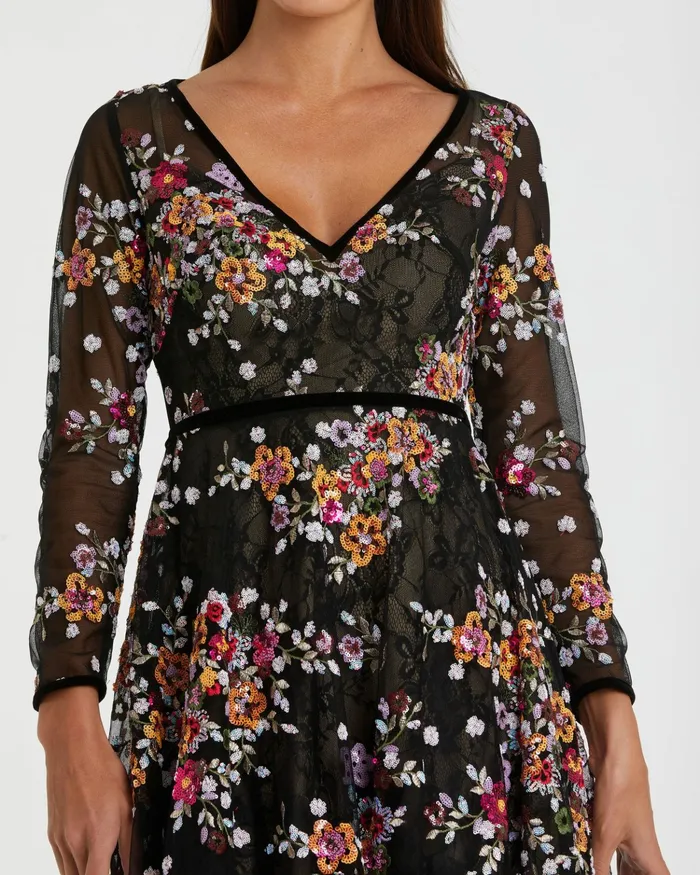 Cocktail Dresses Black Floral Embroidered Tea Length Dress Black Multi 8211 Mac Duggal Women