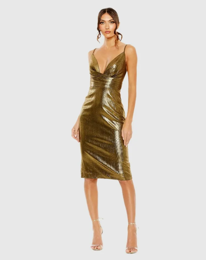 Cocktail Dresses Gold Metallic V Neck Midi Dress Antique Gold Mac Duggal Women