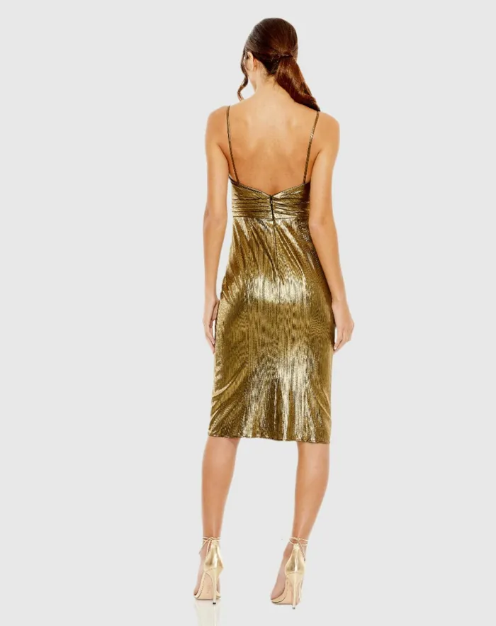 Cocktail Dresses Gold Metallic V Neck Midi Dress Antique Gold Mac Duggal Women