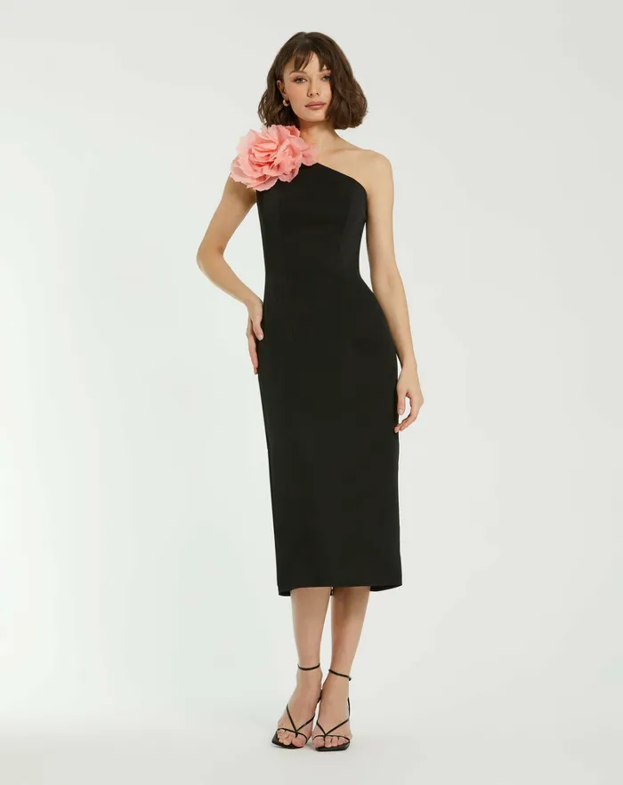 Cocktail Dresses Women Crepe One Shoulder Midi Dress With Flower Black Mac Duggal