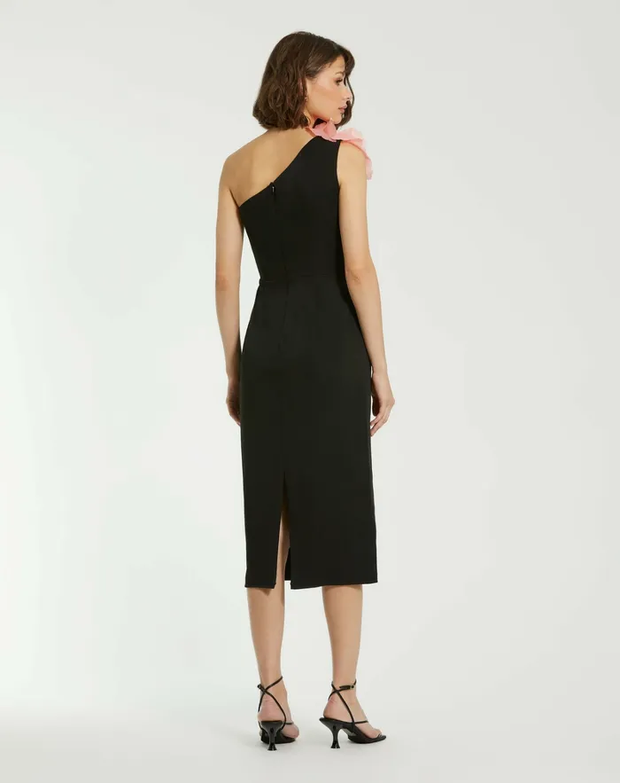 Cocktail Dresses Women Crepe One Shoulder Midi Dress With Flower Black Mac Duggal
