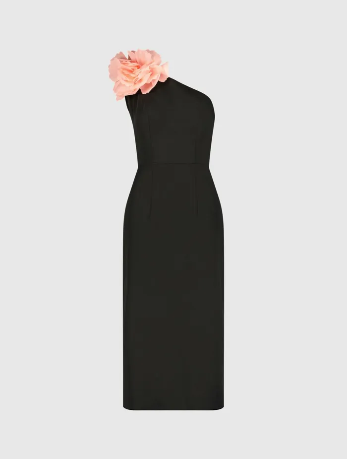 Cocktail Dresses Women Crepe One Shoulder Midi Dress With Flower Black Mac Duggal