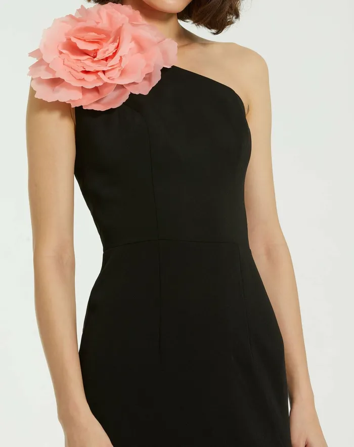 Cocktail Dresses Women Crepe One Shoulder Midi Dress With Flower Black Mac Duggal