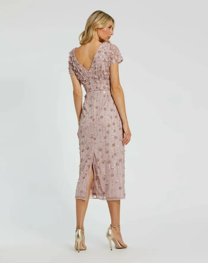 Cocktail Dresses Women Mac Duggal Cap Sleeve Column Midi Dress With Floral Beading Vintage Lilac