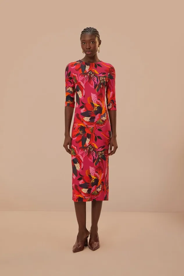 Colorful Flowers Jersey Midi Dress Women Farm Rio Midi Dresses