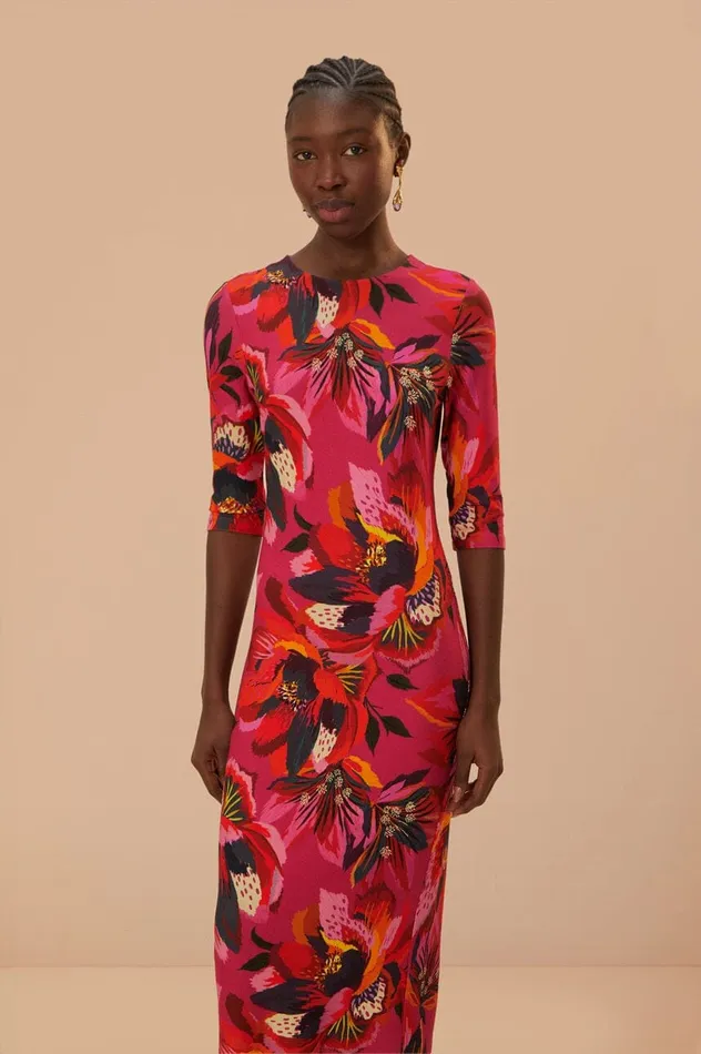 Colorful Flowers Jersey Midi Dress Women Farm Rio Midi Dresses