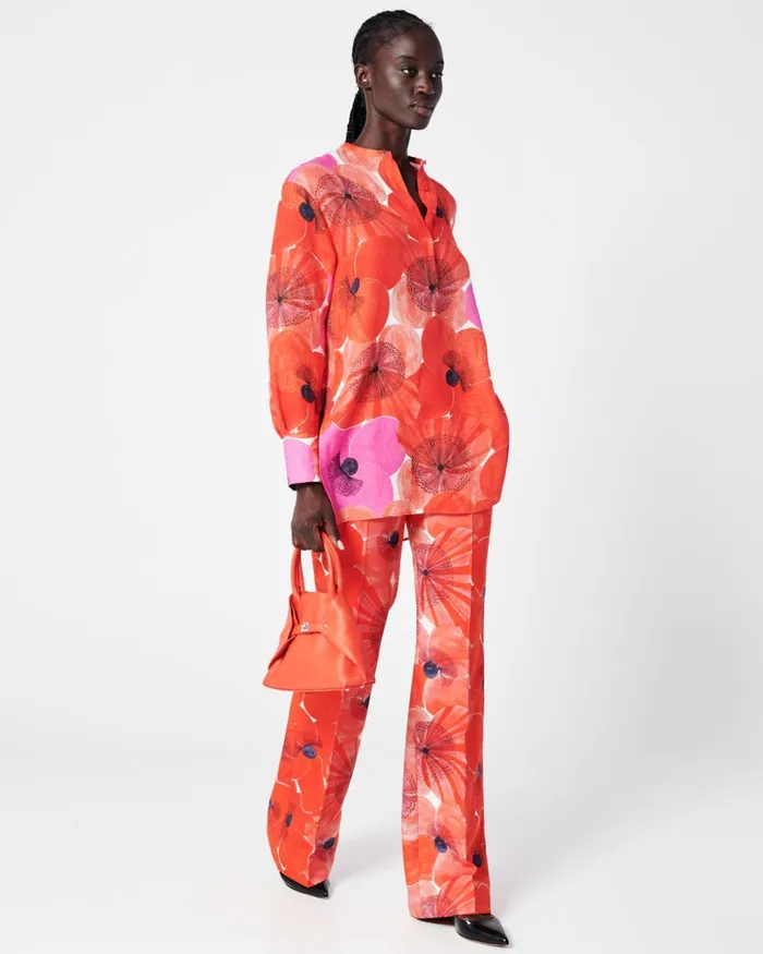 Cotton Silk DoubleFace Wide Leg Pants With Poppy Print Poppy Women Akris Pants