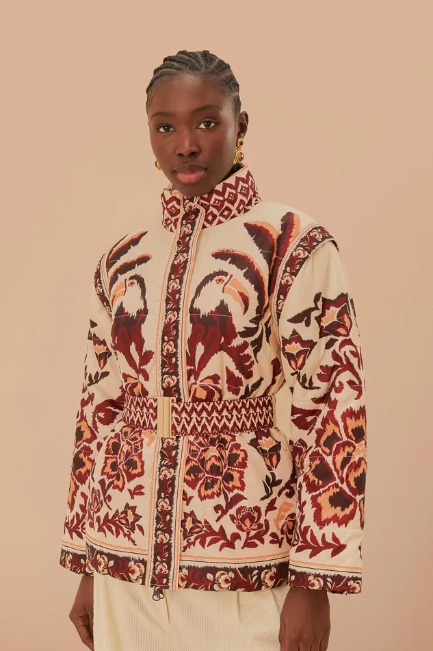 Cream Toucans Scarf Reversible Puffer Jacket Women Farm Rio Puffer Jackets