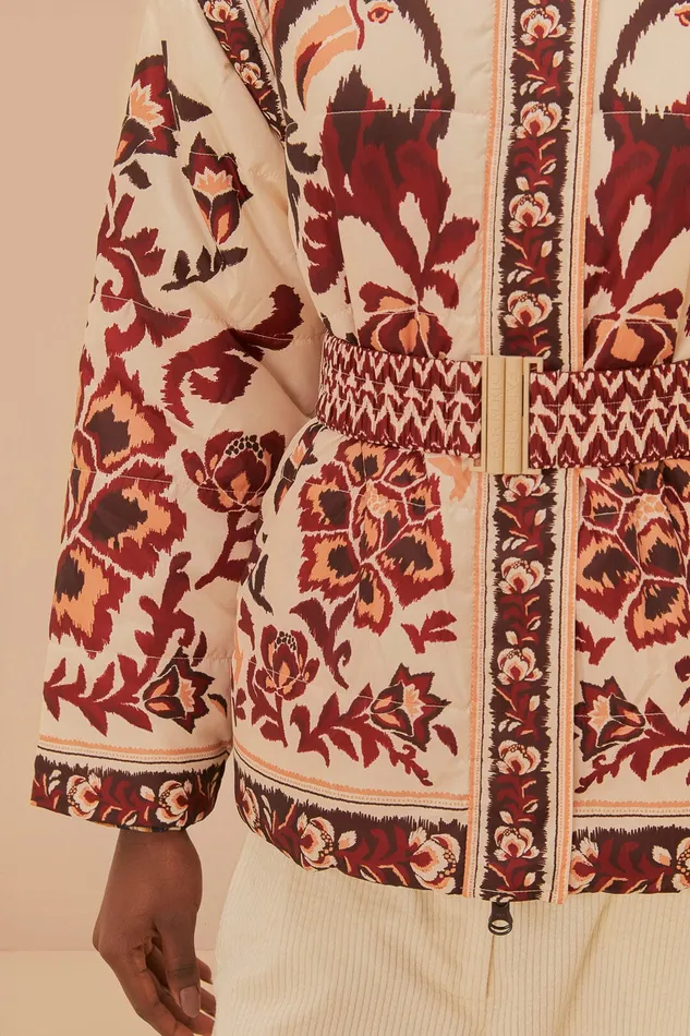 Cream Toucans Scarf Reversible Puffer Jacket Women Farm Rio Puffer Jackets