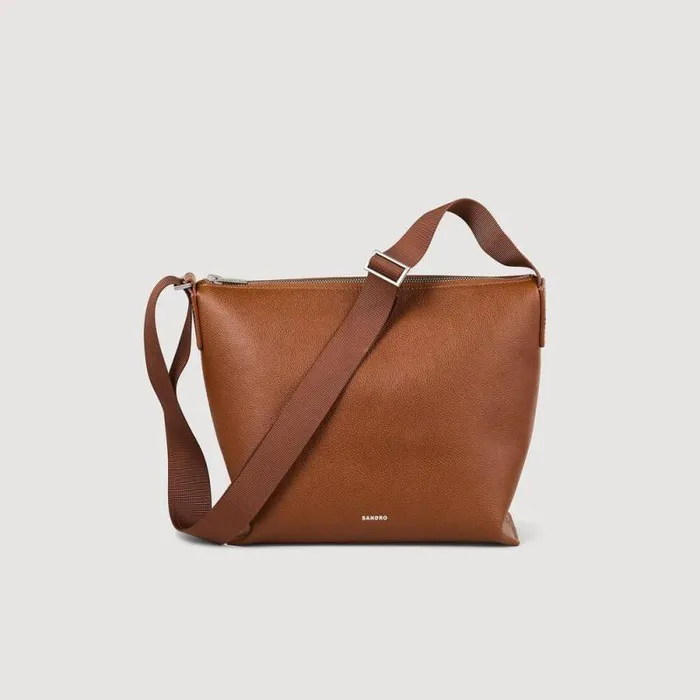 Crossbody Bags Men SANDRO Grained Leather Satchel Cognac
