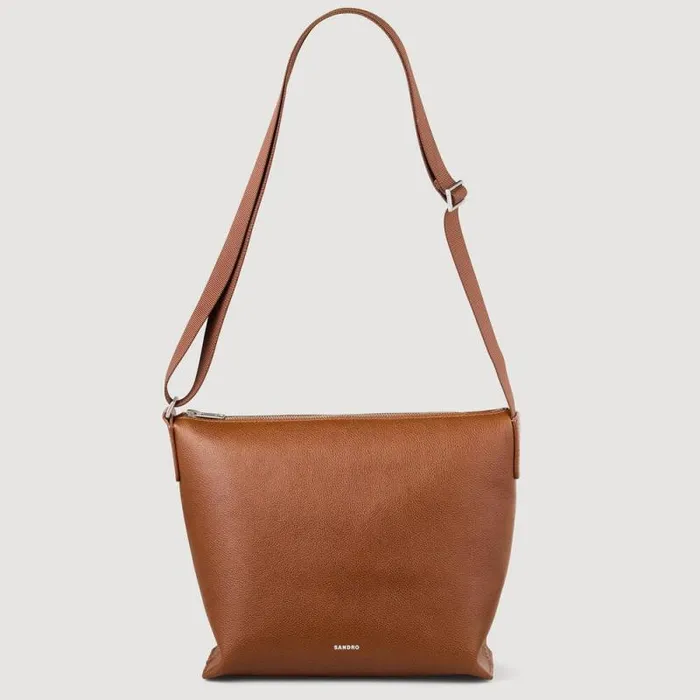 Crossbody Bags Men SANDRO Grained Leather Satchel Cognac