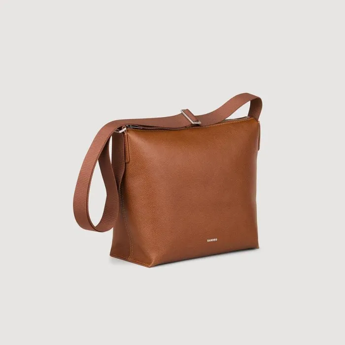 Crossbody Bags Men SANDRO Grained Leather Satchel Cognac