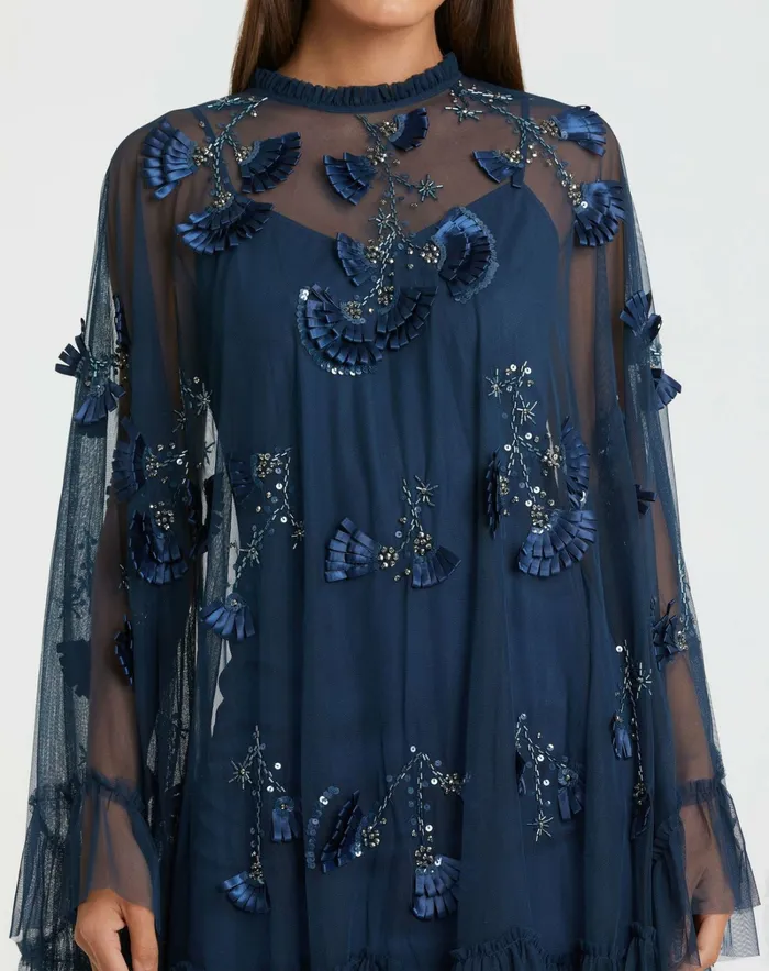 Daytime Dresses Blue Embellished Long Flare Sleeve Mesh ALine Dress Twilight Mac Duggal Women