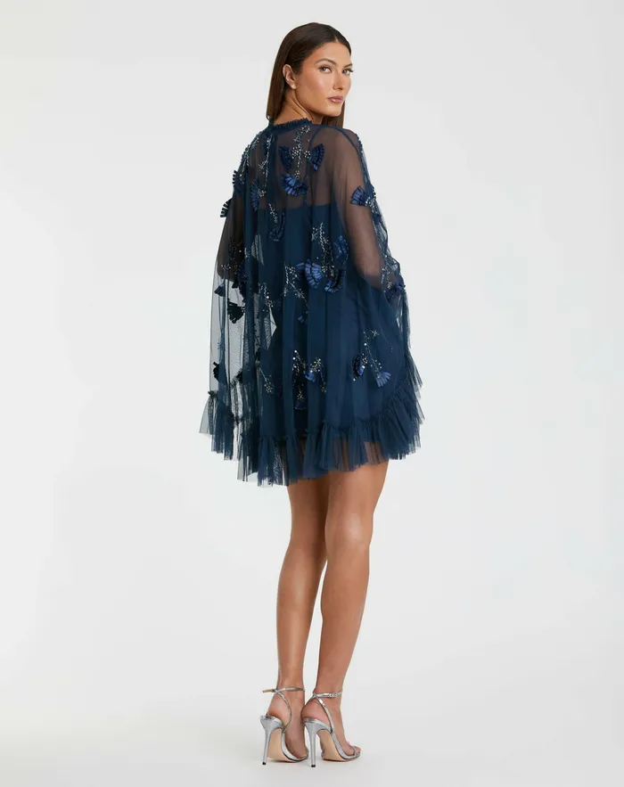 Daytime Dresses Blue Embellished Long Flare Sleeve Mesh ALine Dress Twilight Mac Duggal Women
