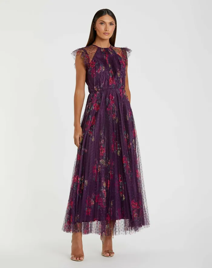 Daytime Dresses Mac Duggal Women Purple Floral Flutter Sleeve Midi Dress Plum Multi