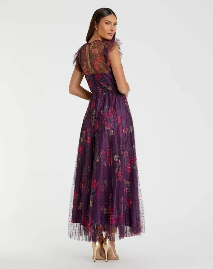 Daytime Dresses Mac Duggal Women Purple Floral Flutter Sleeve Midi Dress Plum Multi