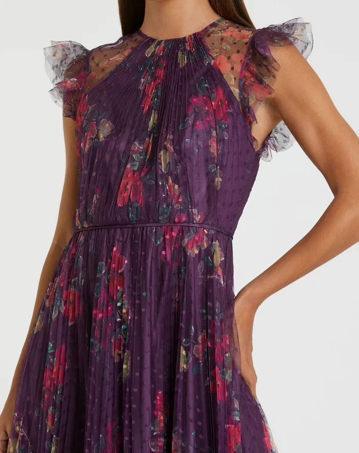 Daytime Dresses Mac Duggal Women Purple Floral Flutter Sleeve Midi Dress Plum Multi