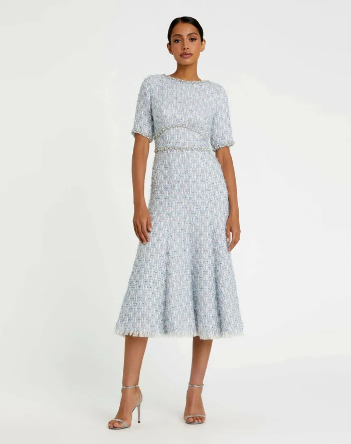 Daytime Dresses Mac Duggal Women Short Sleeve Beaded Trim Boucle Midi Dress Blue Multi