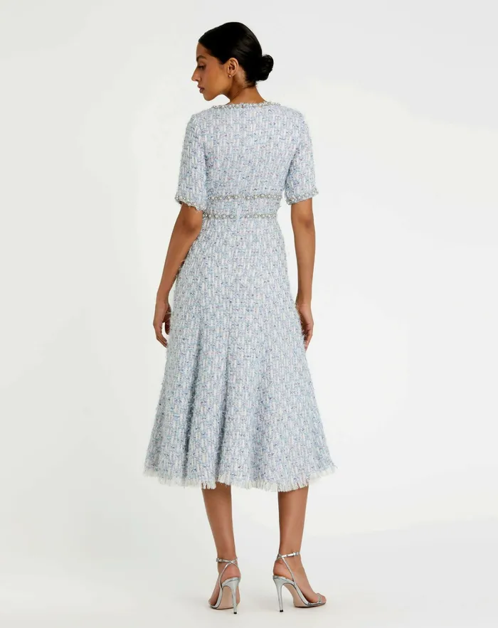 Daytime Dresses Mac Duggal Women Short Sleeve Beaded Trim Boucle Midi Dress Blue Multi