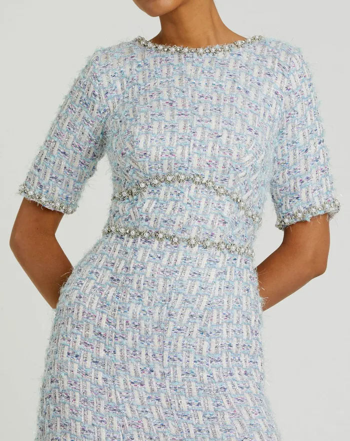 Daytime Dresses Mac Duggal Women Short Sleeve Beaded Trim Boucle Midi Dress Blue Multi