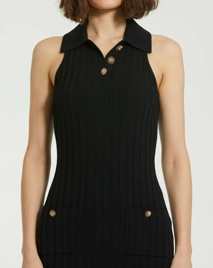 Daytime Dresses Rib Knit Collared Sleeveless Fitted Maxi Dress 8211 FINAL SALE Black Mac Duggal Women