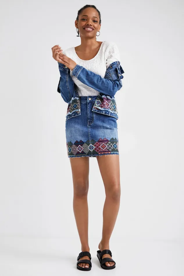 Desigual Denim Miniskirt With Borders Women Skirts and Shorts
