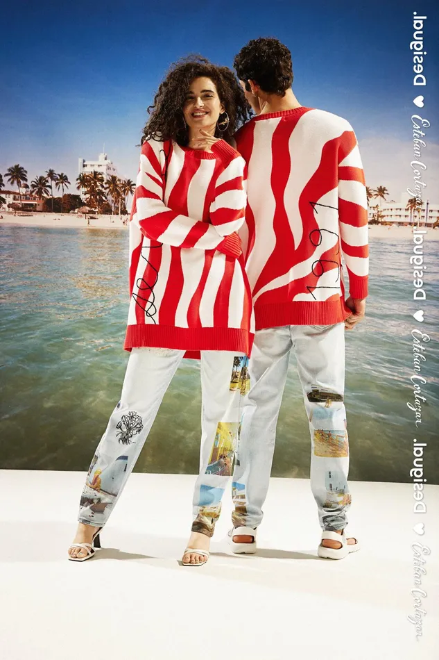 Desigual Oversize Knit Jumper With Red Waves MensWomen Sweaters and Sweatshirts