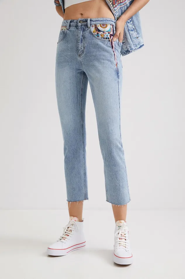 Desigual Straight Cropped Motif Jeans Women Jeans