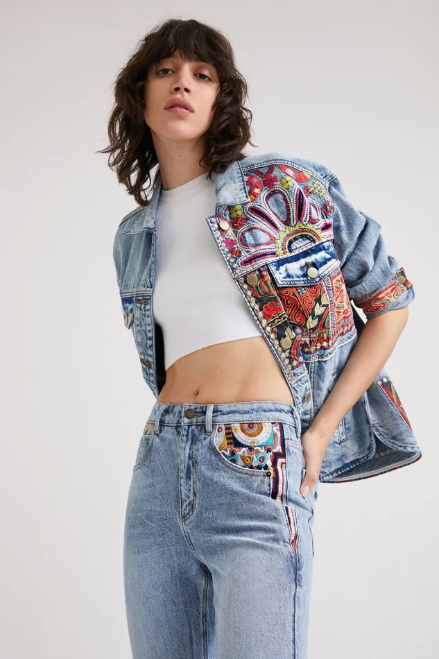 Desigual Straight Cropped Motif Jeans Women Jeans