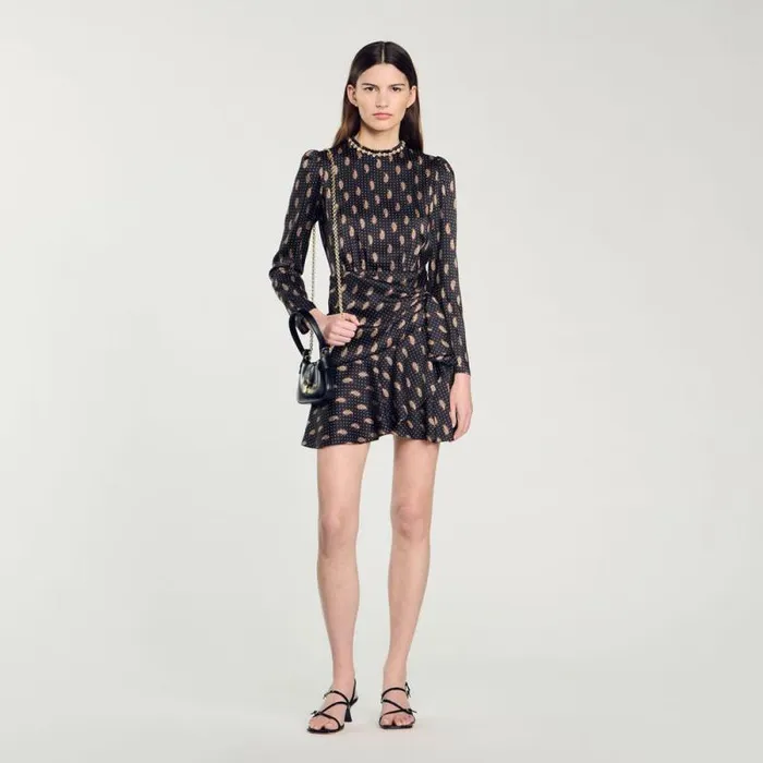 Dresses Women SANDRO Short Print Dress Mustard Burgundy