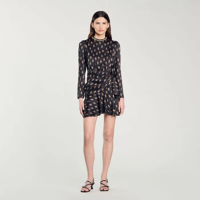 Dresses Women SANDRO Short Print Dress Mustard Burgundy
