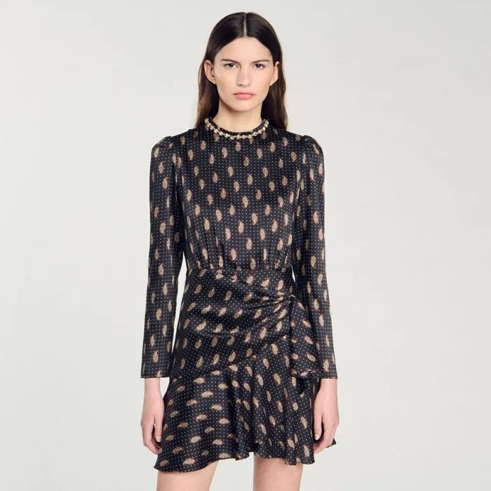 Dresses Women SANDRO Short Print Dress Mustard Burgundy