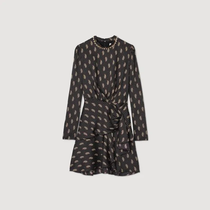 Dresses Women SANDRO Short Print Dress Mustard Burgundy